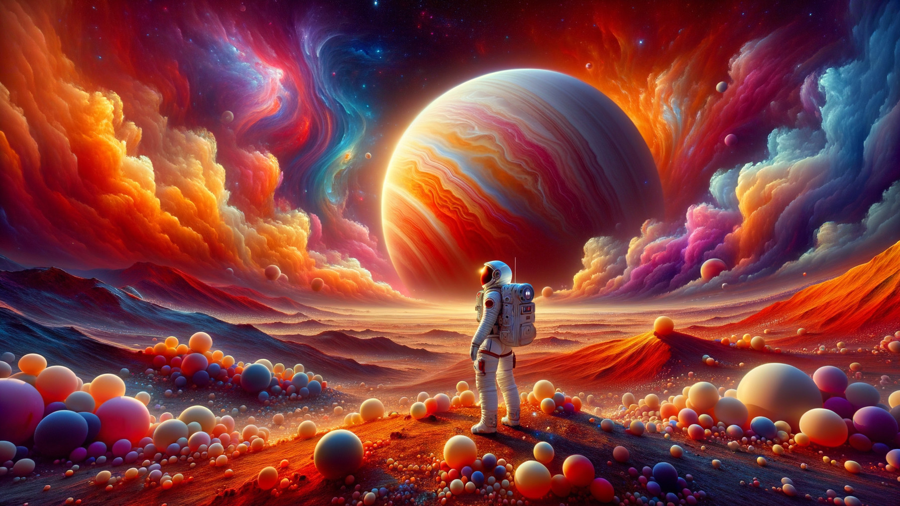 Astronaut on Vibrant Alien Landscape with Gas Giant