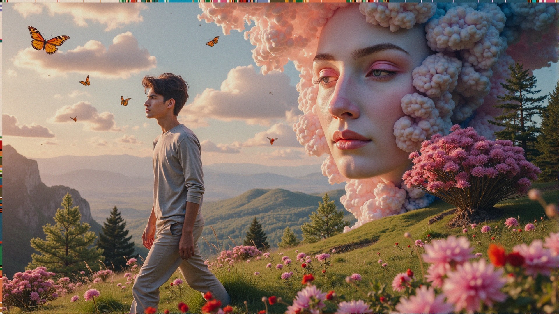 Serene Landscape with Young Man in Flower Meadow