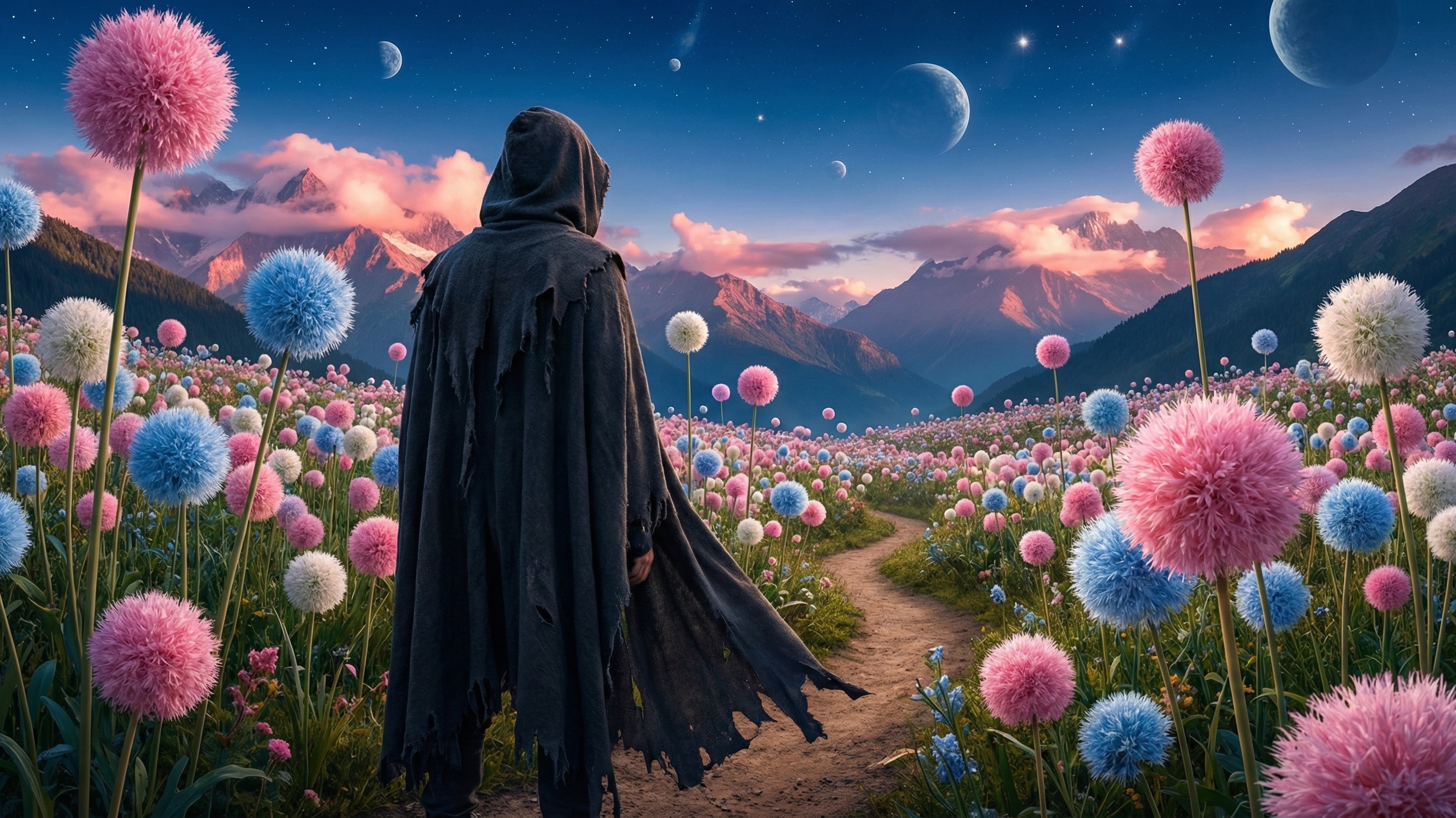 Mysterious figure in a fantastical flower field at night