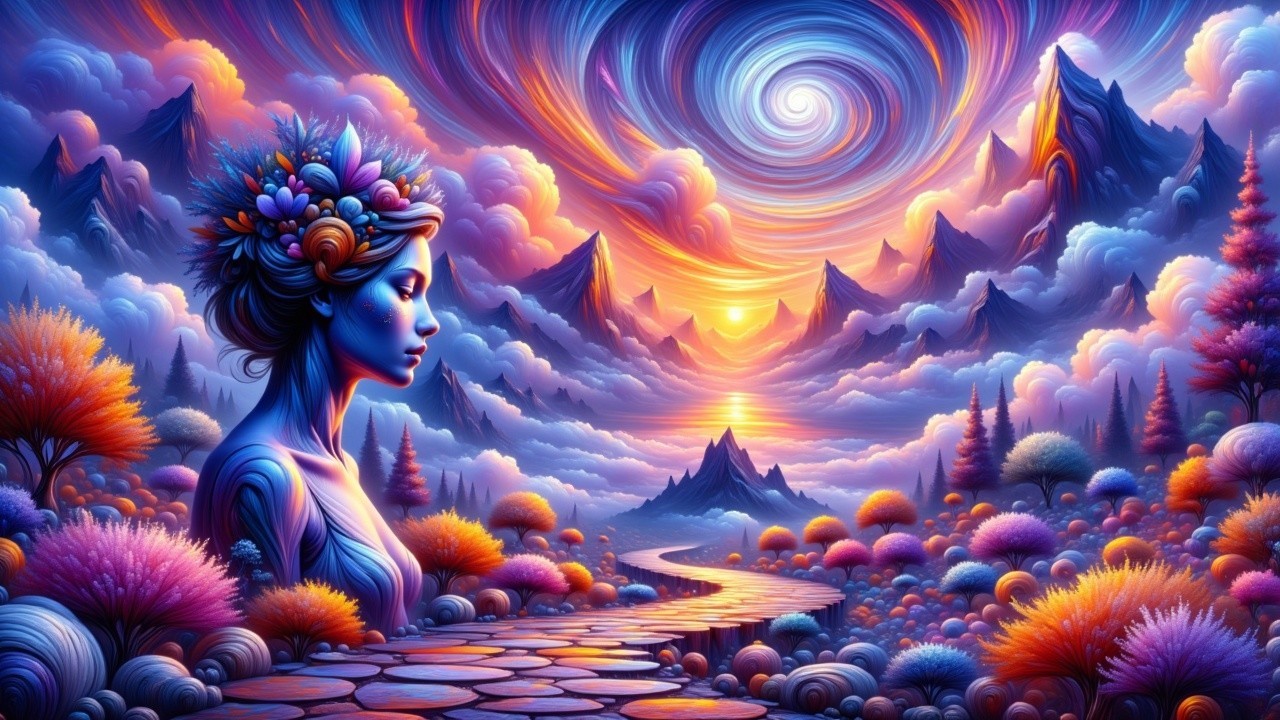 Surreal Landscape with Serene Figure and Vibrant Skies