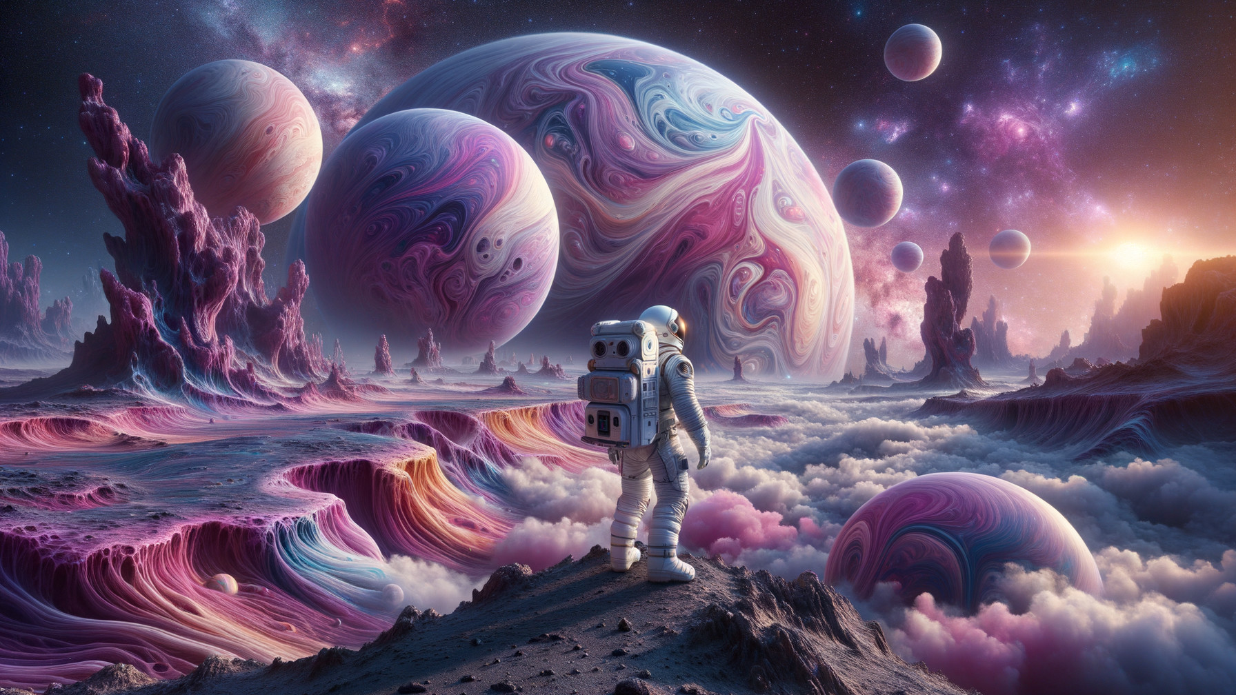 Astronaut on Colorful Alien Landscape with Cosmic Sky