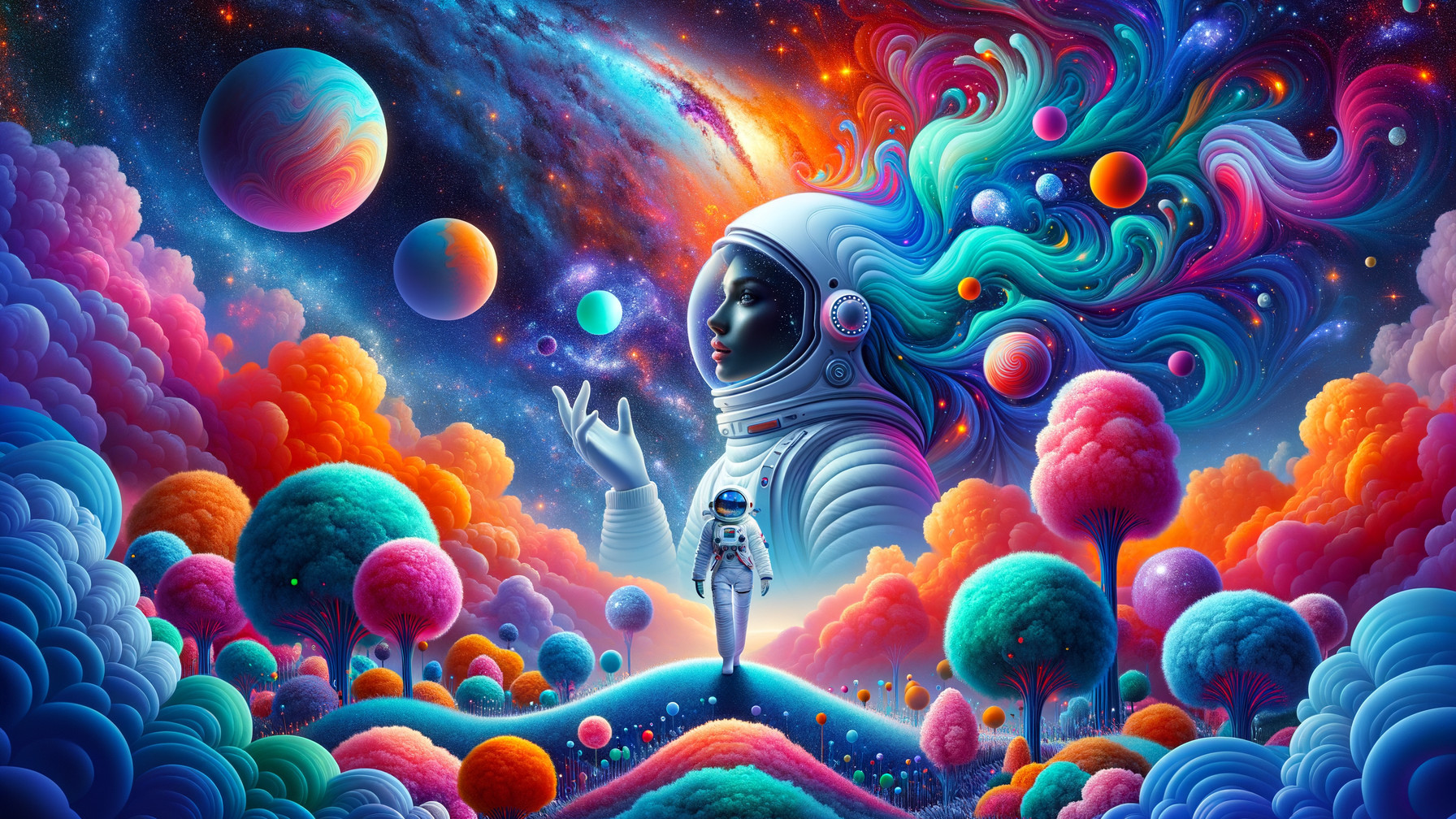 Surreal Cosmic Landscape with Colorful Sky and Trees