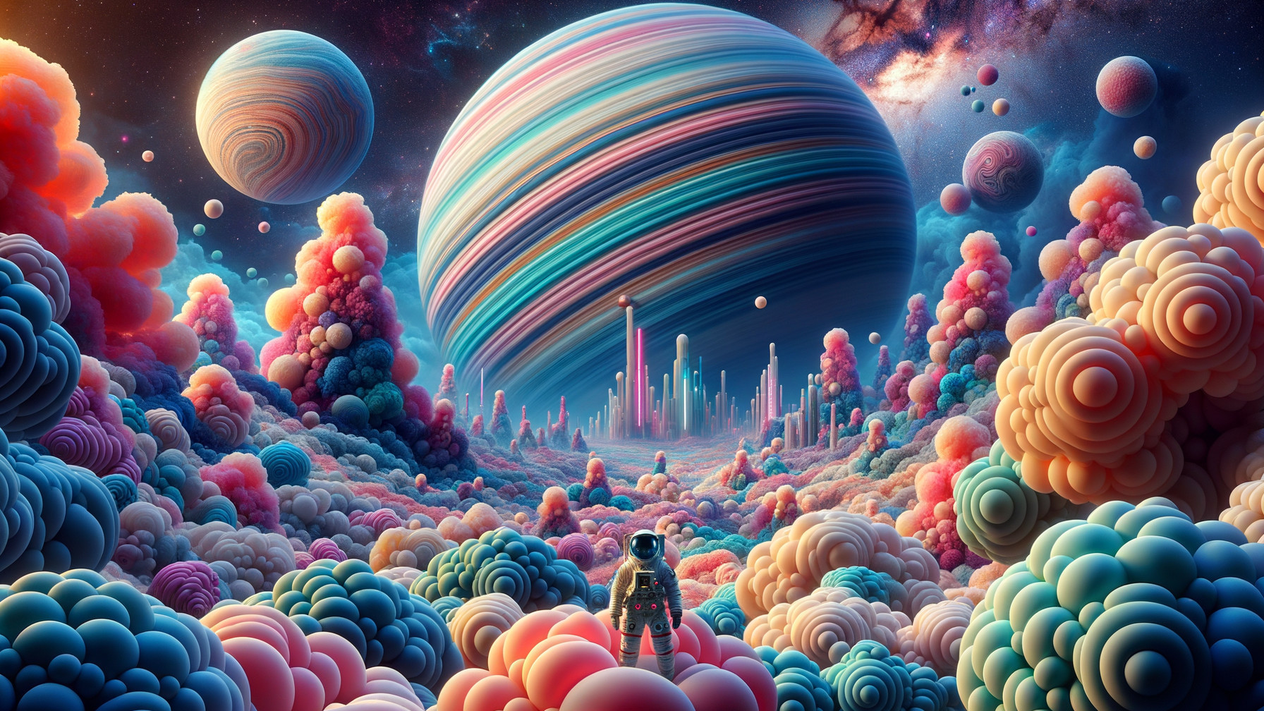 Cosmic Landscape with Astronaut and Colorful Clouds