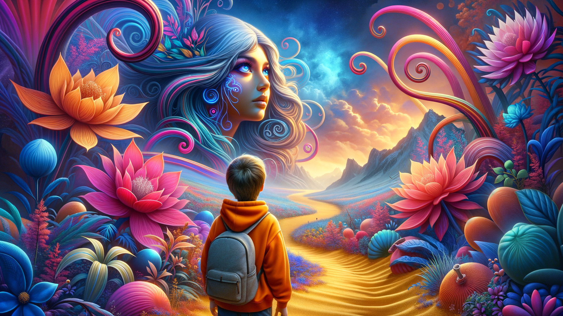 Young Boy on Golden Path in Fantastical Landscape