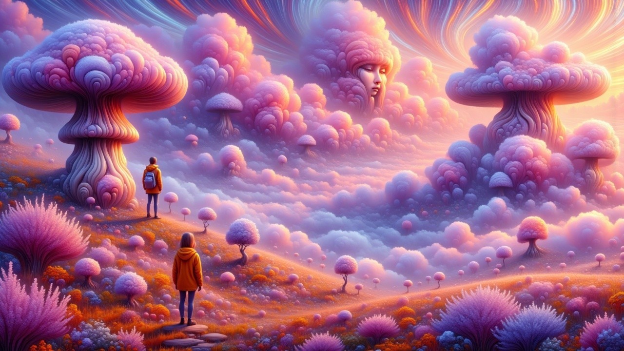 Surreal Landscape with Figures and Whimsical Mushrooms