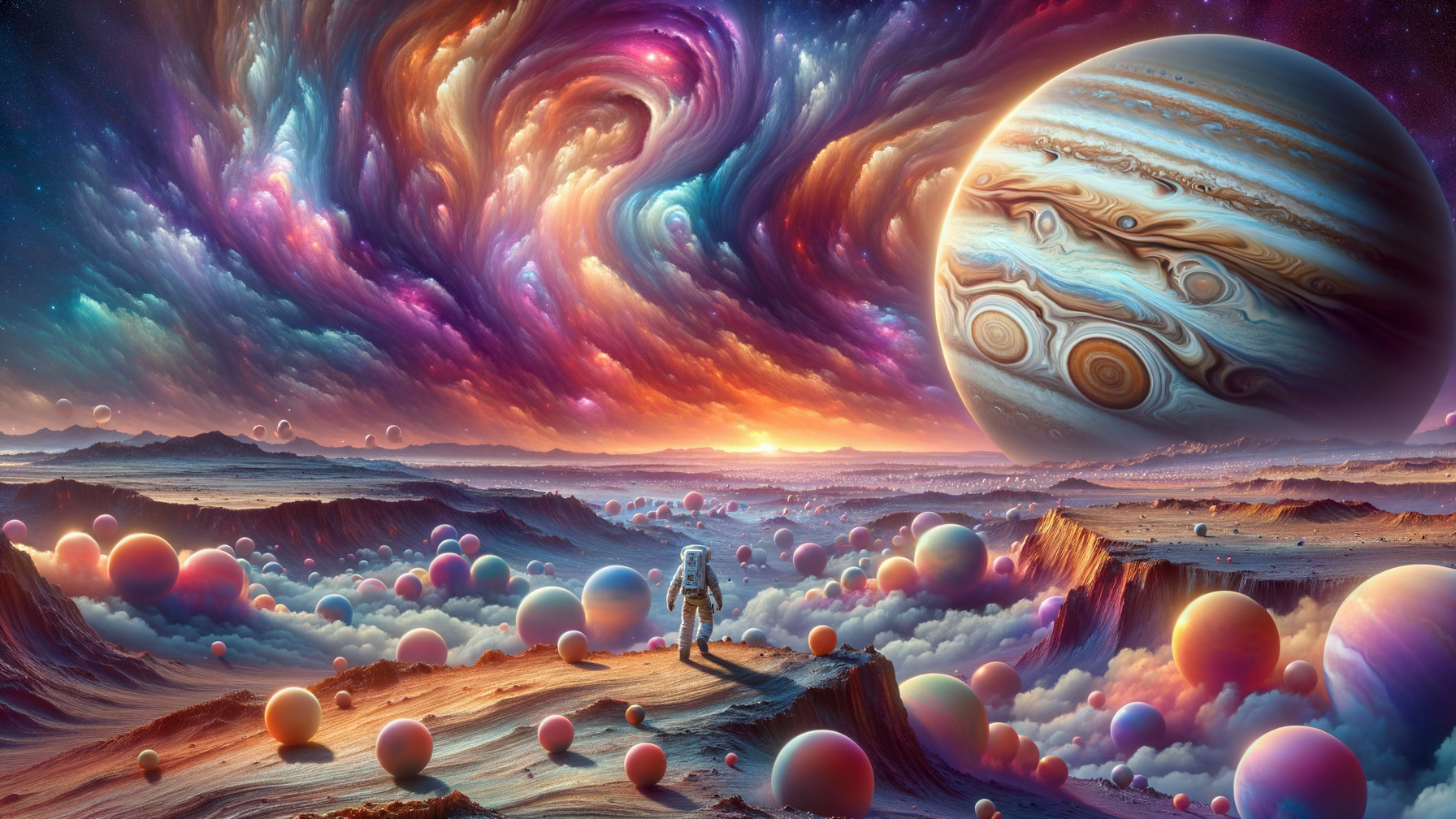 Astronaut on Surreal Alien Landscape with Colorful Orbs