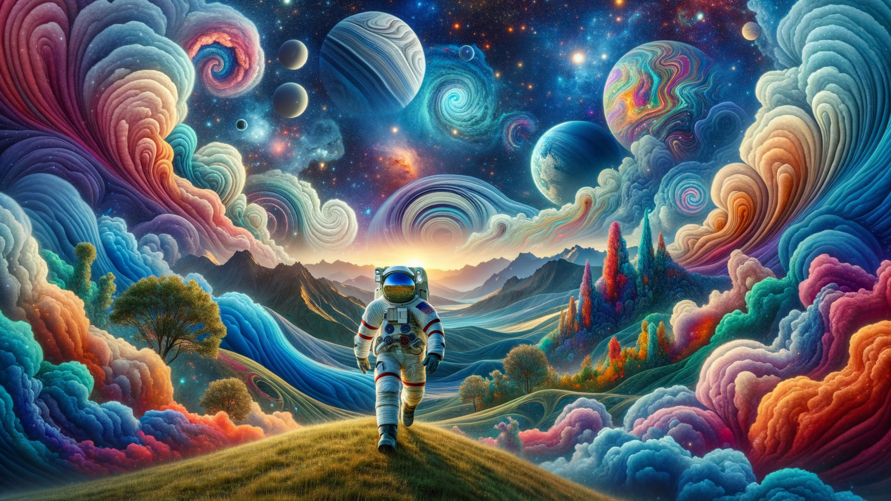 Astronaut Observing Cosmic Landscape with Nature Elements