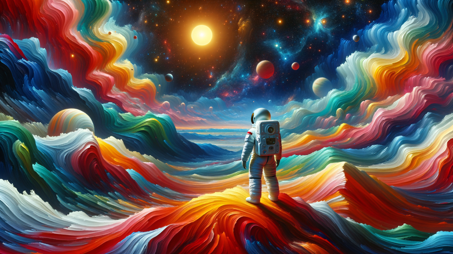 Astronaut on Colorful Cosmic Landscape with Stars