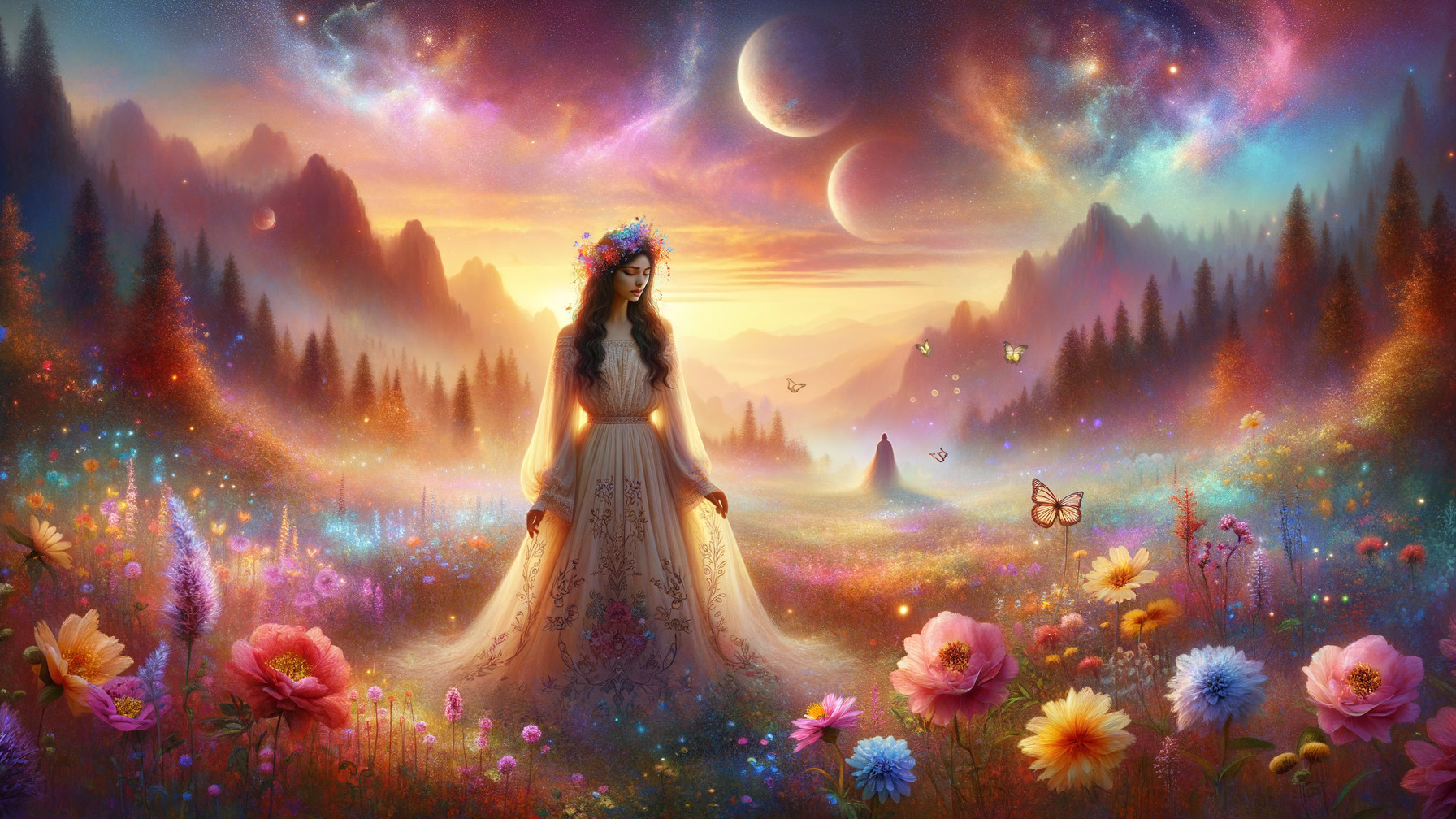 Dreamy Landscape with Woman in Flower Field