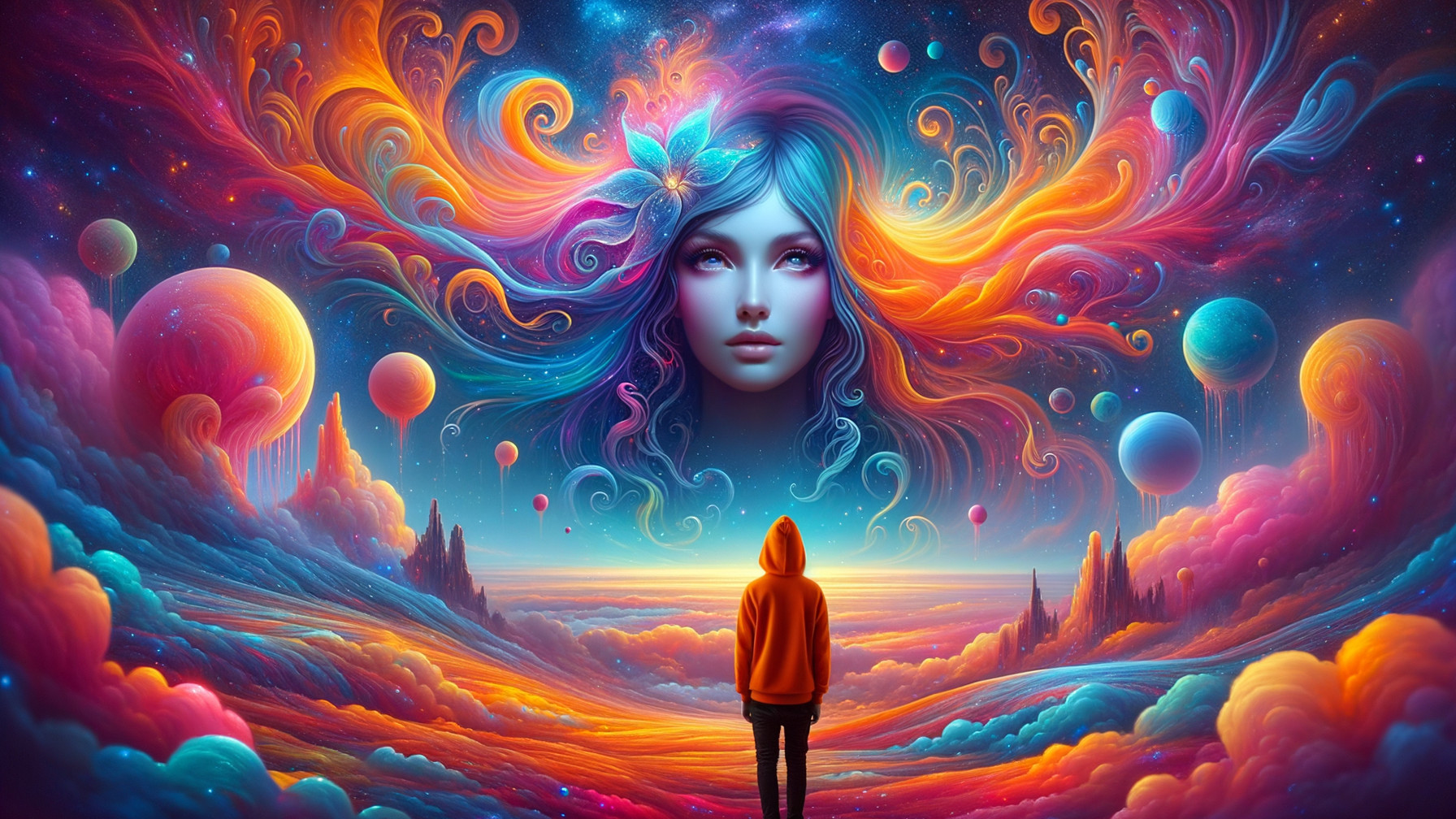 Surreal Landscape with Cosmic Colors and Figure