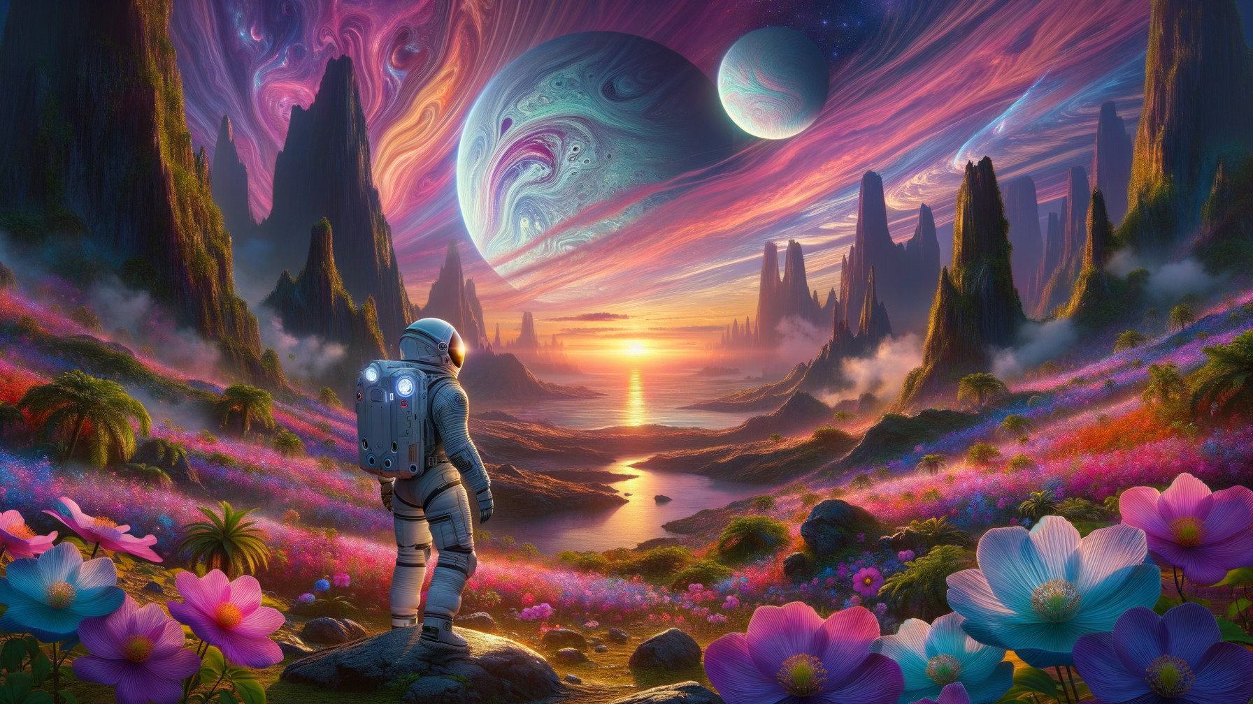 Astronaut in Alien Landscape with Colorful Flowers and Sunset