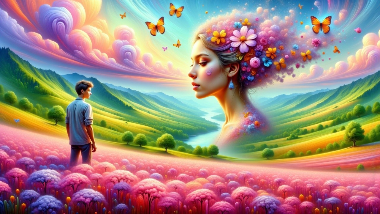 Young man in a colorful flower landscape with woman figure