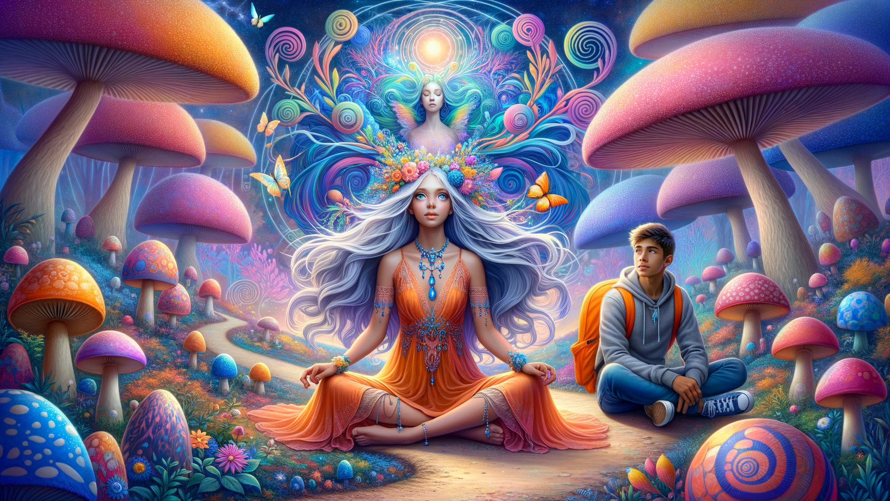 Whimsical Forest Scene with Ethereal Meditation Figure