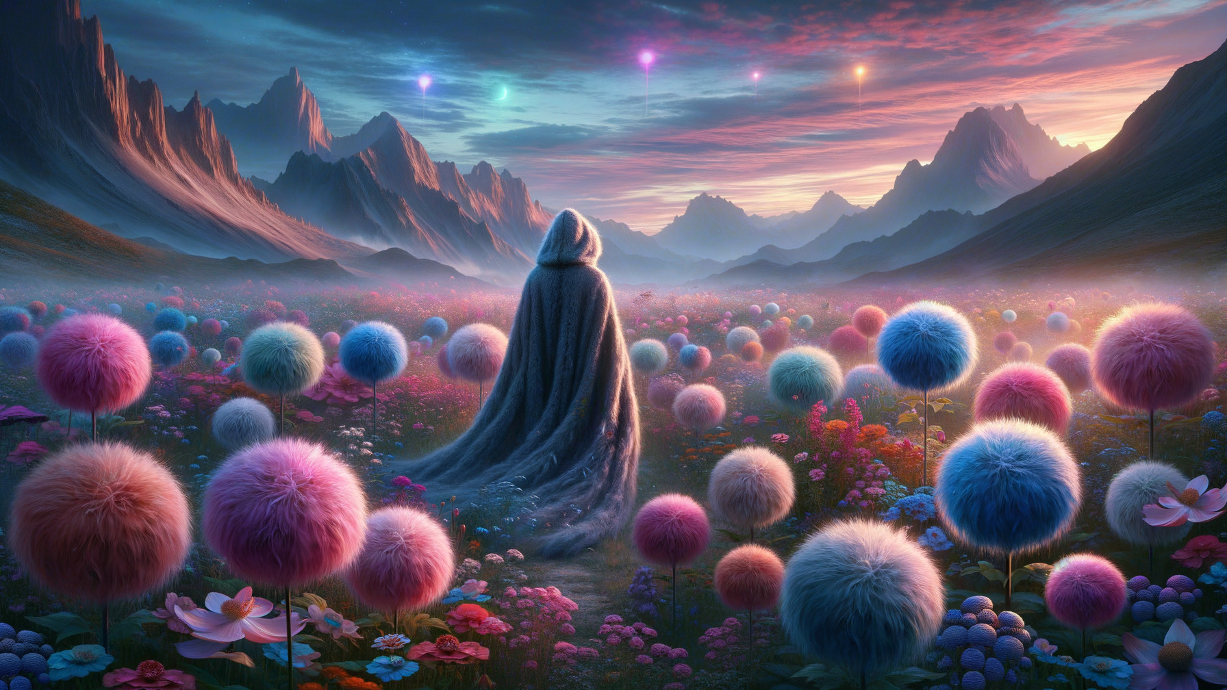 Hooded Figure in Dreamlike Colorful Landscape