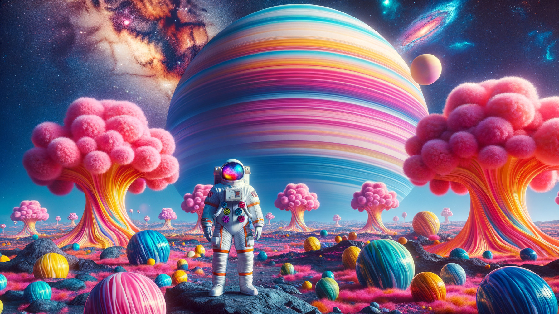 Whimsical Sci-Fi Landscape with Candy Objects and Trees