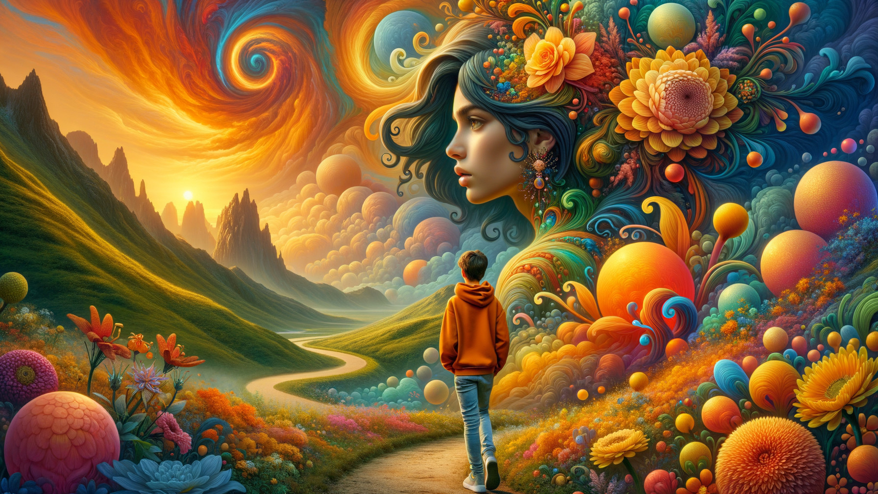 Person in Orange Hoodie on Winding Path in Surreal Landscape
