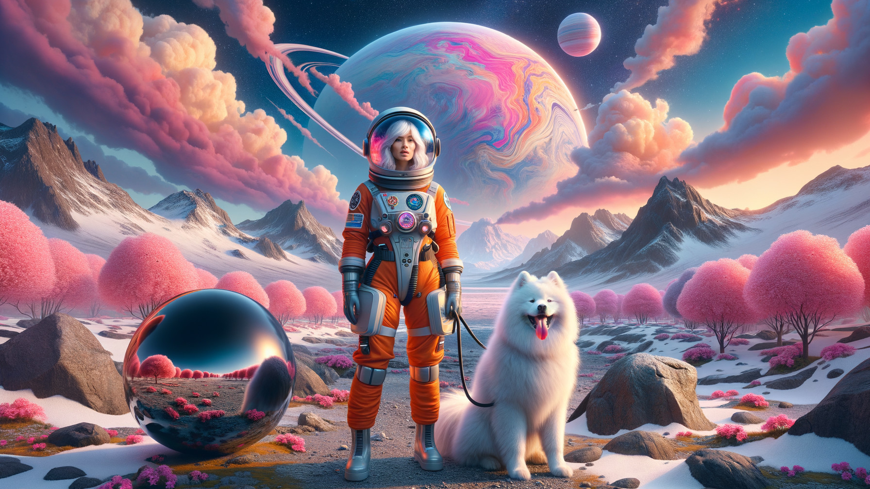 Astronaut and Dog in Colorful Alien Landscape