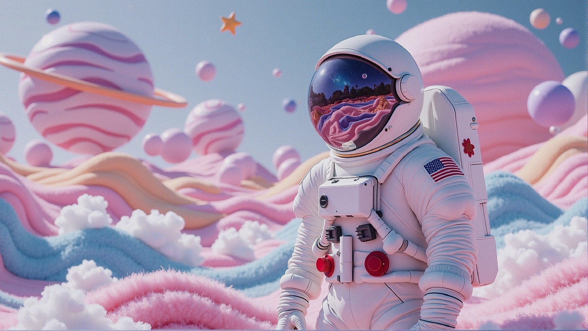 Astronaut in a Whimsical Pastel Landscape with Planets