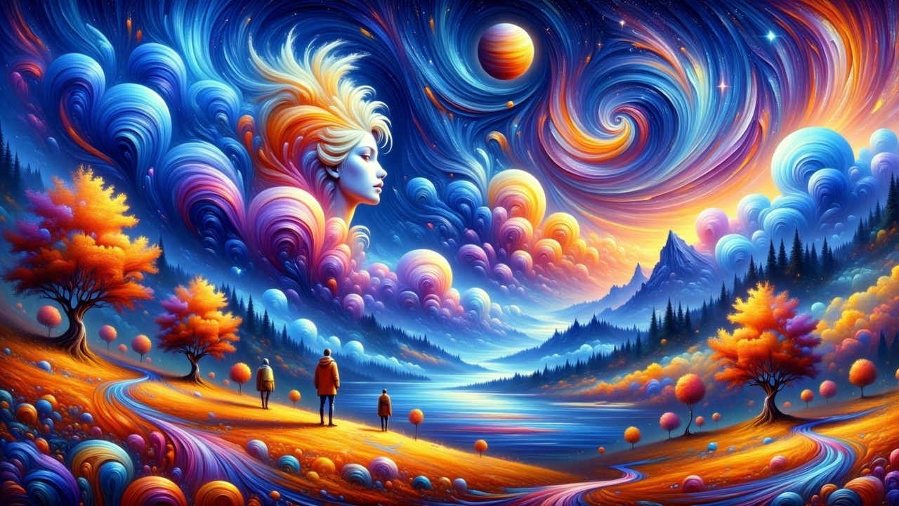 Surreal Landscape with Colorful Sky and Figures