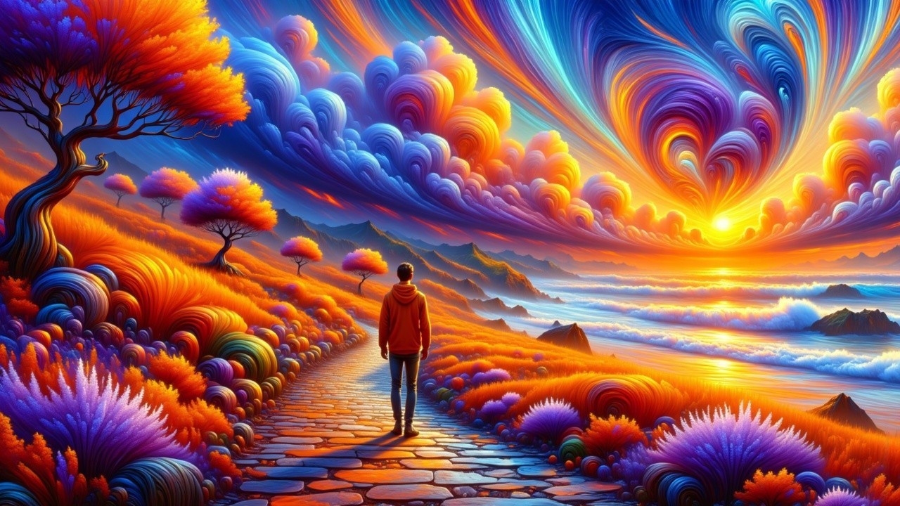 Vibrant Landscape with Multicolored Sky and Pathway