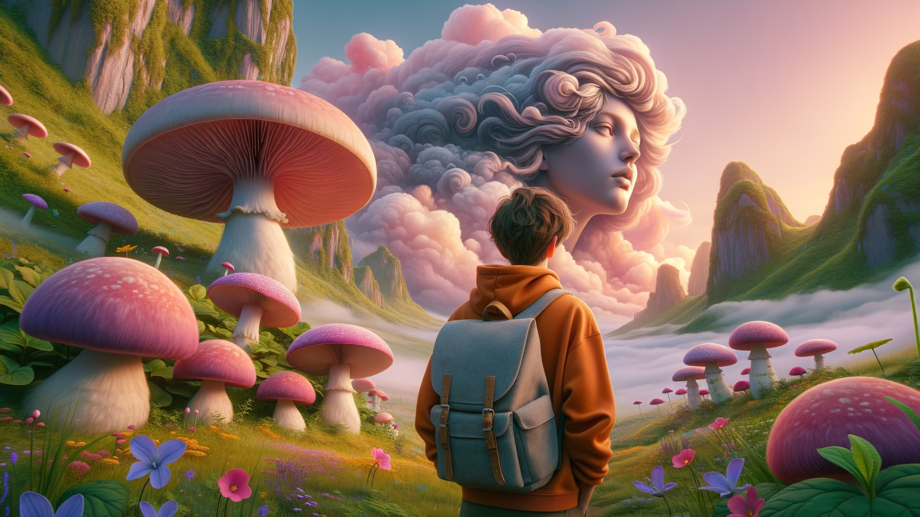 Surreal Landscape with Ethereal Cloud Face and Mushrooms