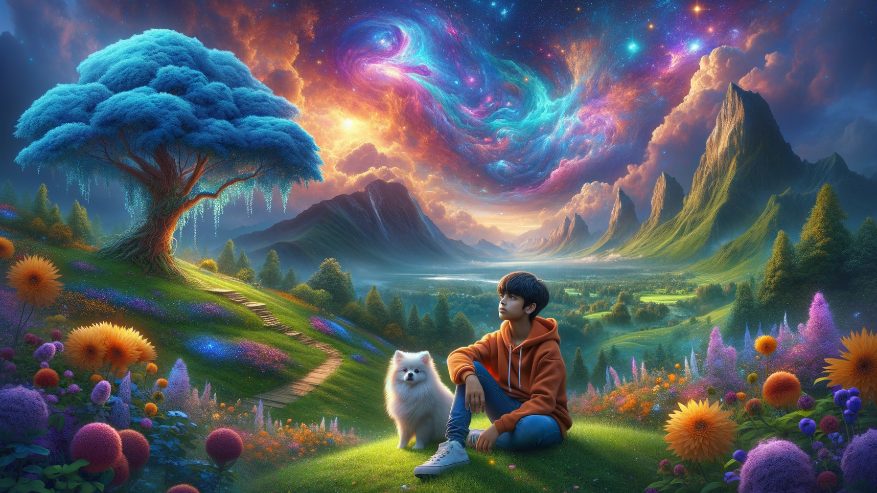 Young Person and Dog in Cosmic Landscape Scene