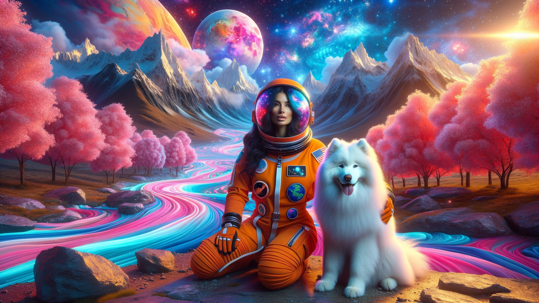 Futuristic scene with astronaut and Samoyed dog