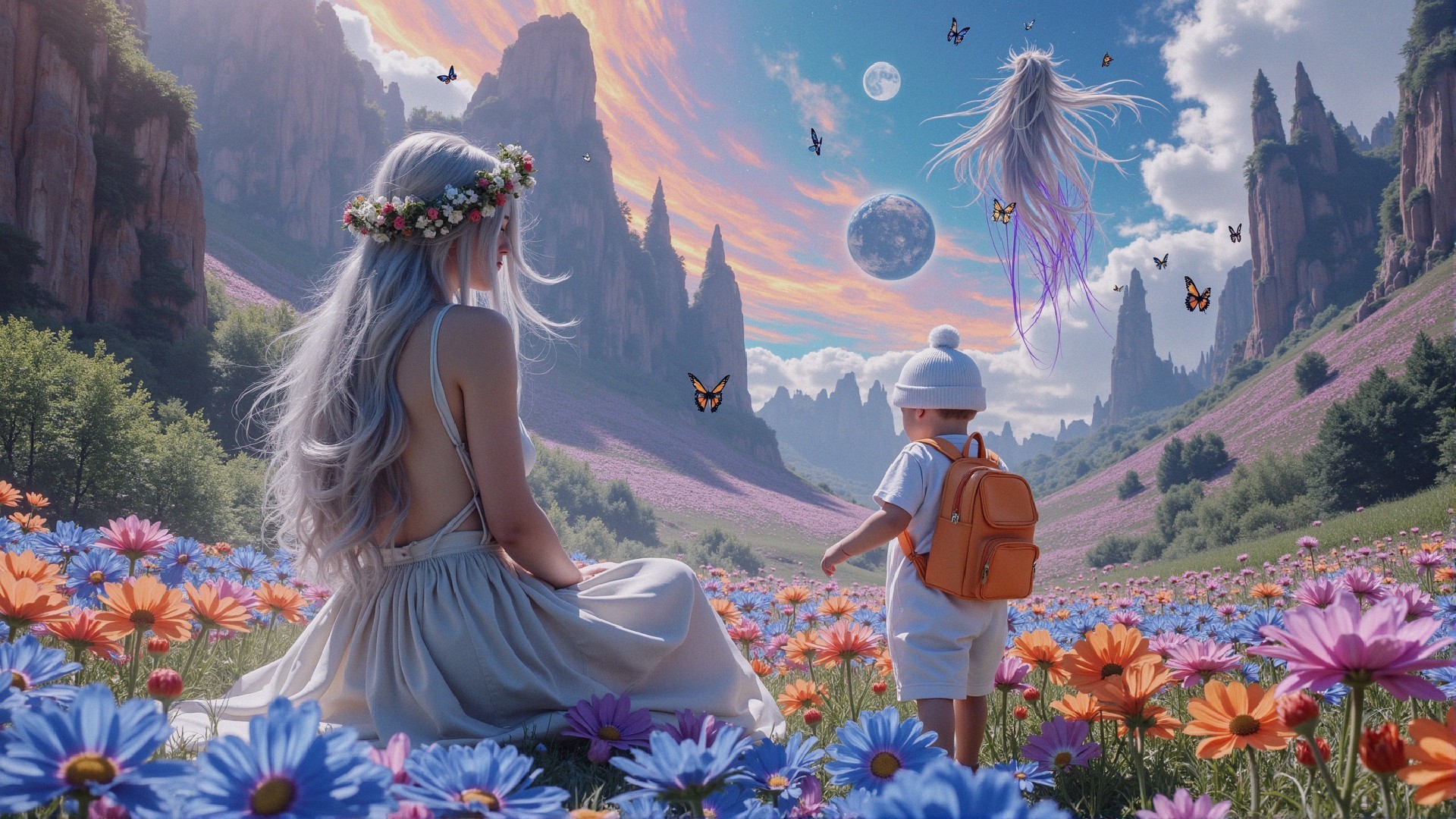 Serene Scene of Woman and Child in Fantasy Landscape
