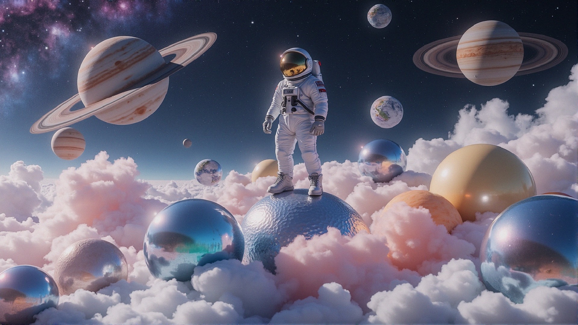 Astronaut on Silver Sphere in Whimsical Cloud Landscape