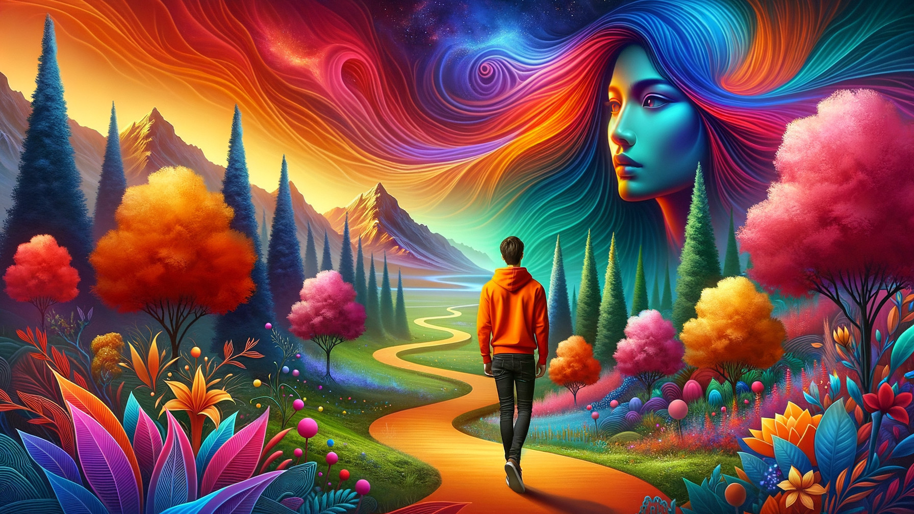 Surreal Landscape with Vivid Colors and Large Face