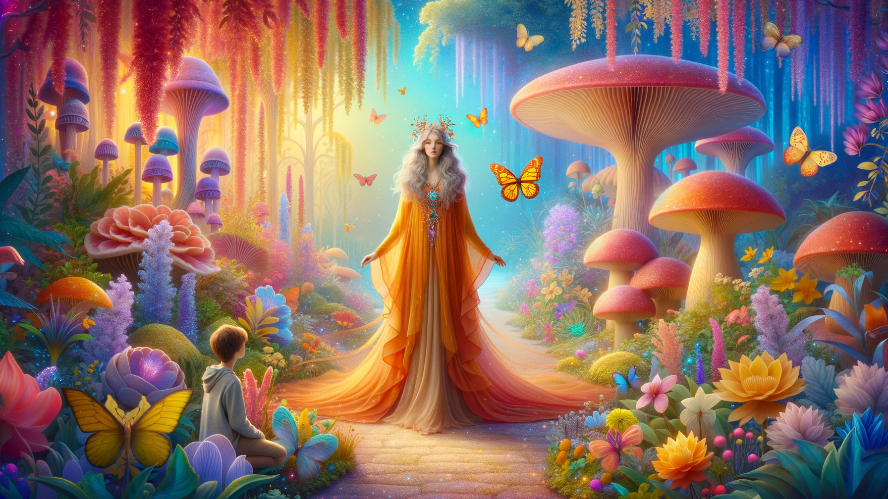Majestic Figure in Orange Gown in Enchanted Forest