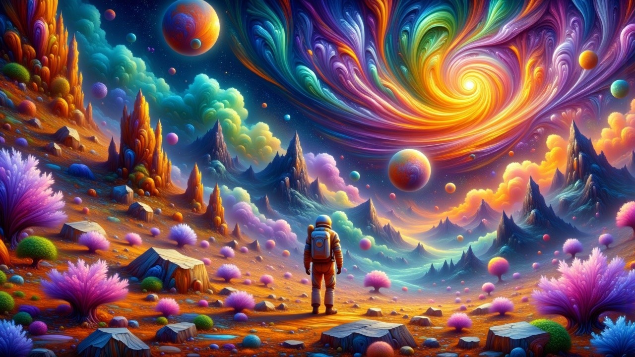 Astronaut in a Colorful Cosmic Landscape with Galaxies