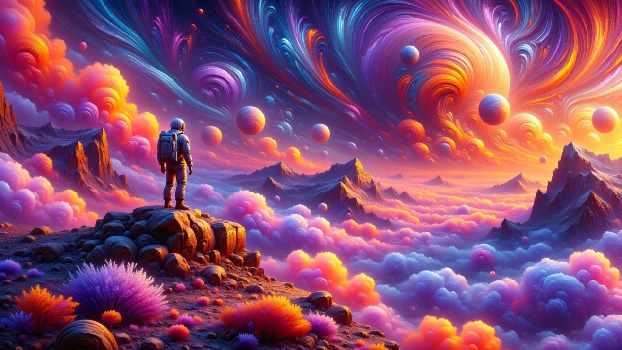 Astronaut on Rocky Outcrop in Cosmic Landscape