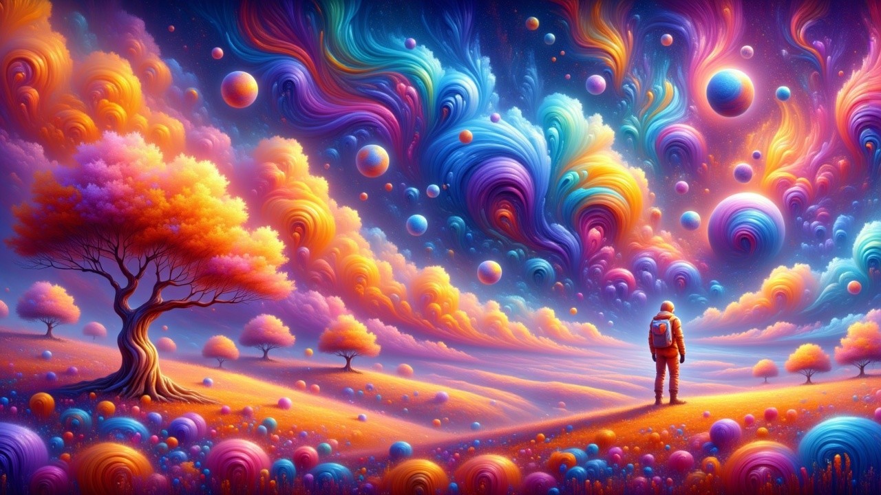 Surreal Landscape with Colorful Orbs and Whimsical Trees