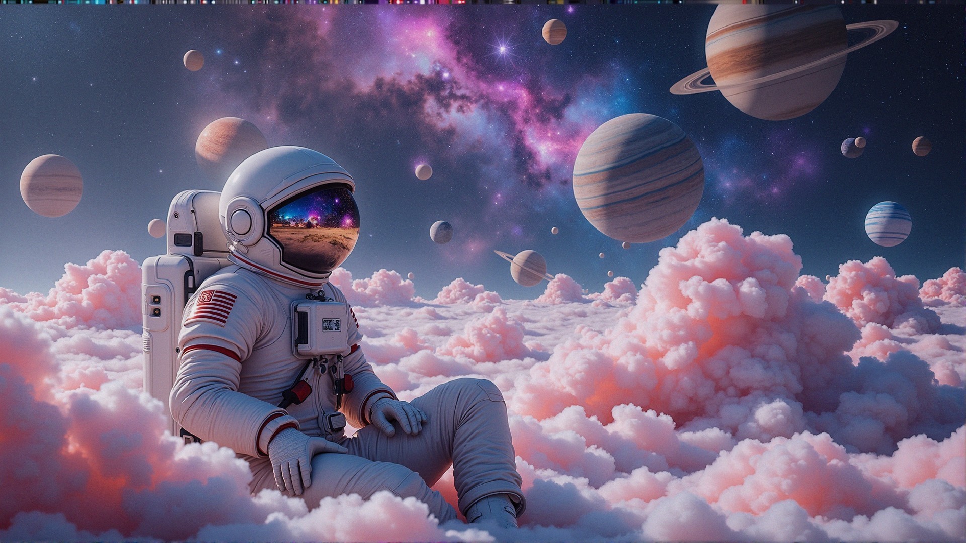 Astronaut in Cosmic Scene with Pink Clouds and Galaxies