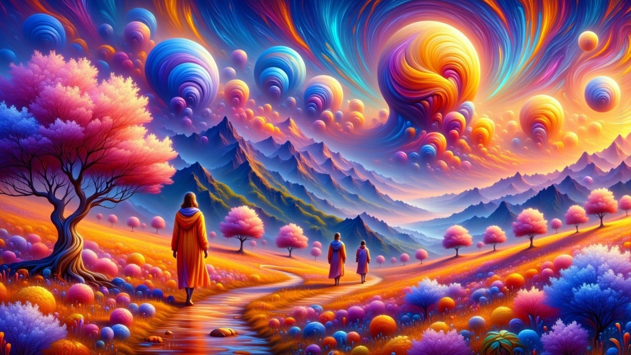 Surreal Landscape with Colorful Clouds and Figures
