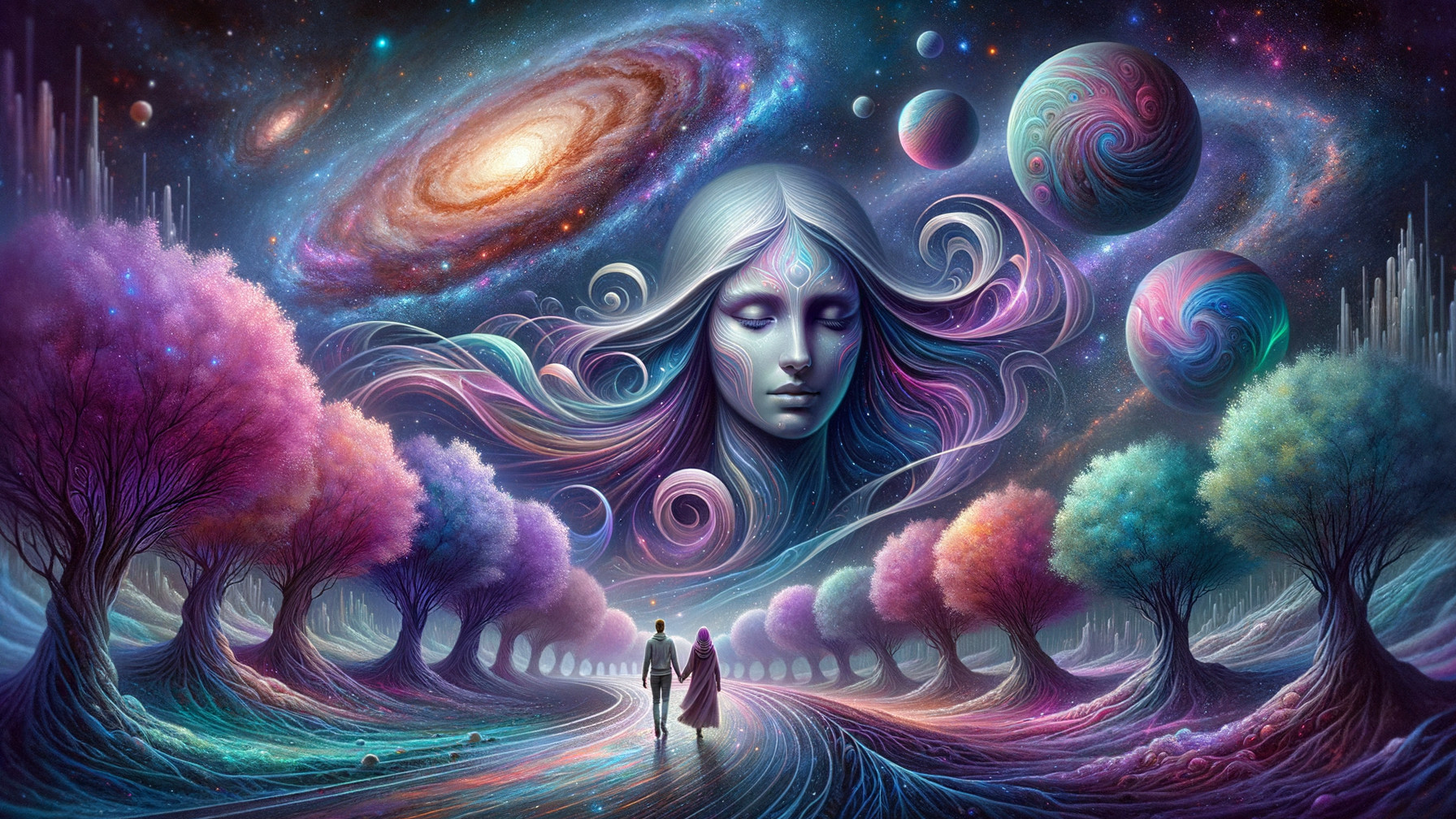Surreal Cosmic Landscape with Ethereal Figures and Galaxies