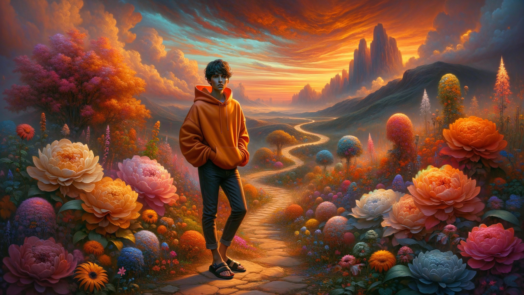 Young Person on Winding Path in Vibrant Landscape