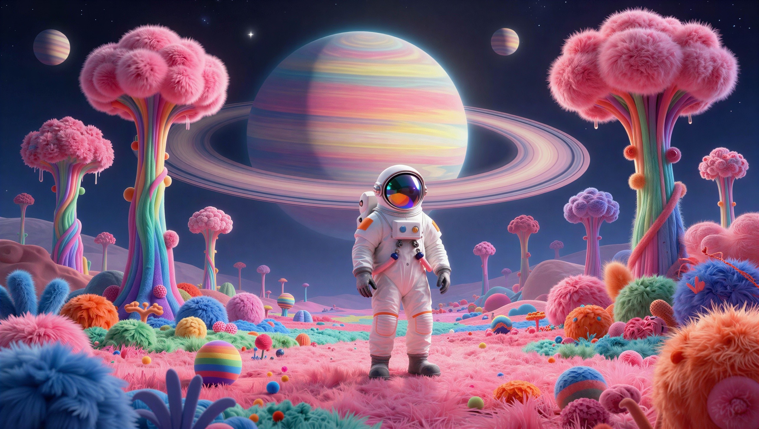 Astronaut in Whimsical Alien Landscape with Pink Ground