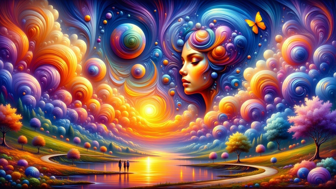 Vibrant Dreamlike Landscape with Serene River and Sunset