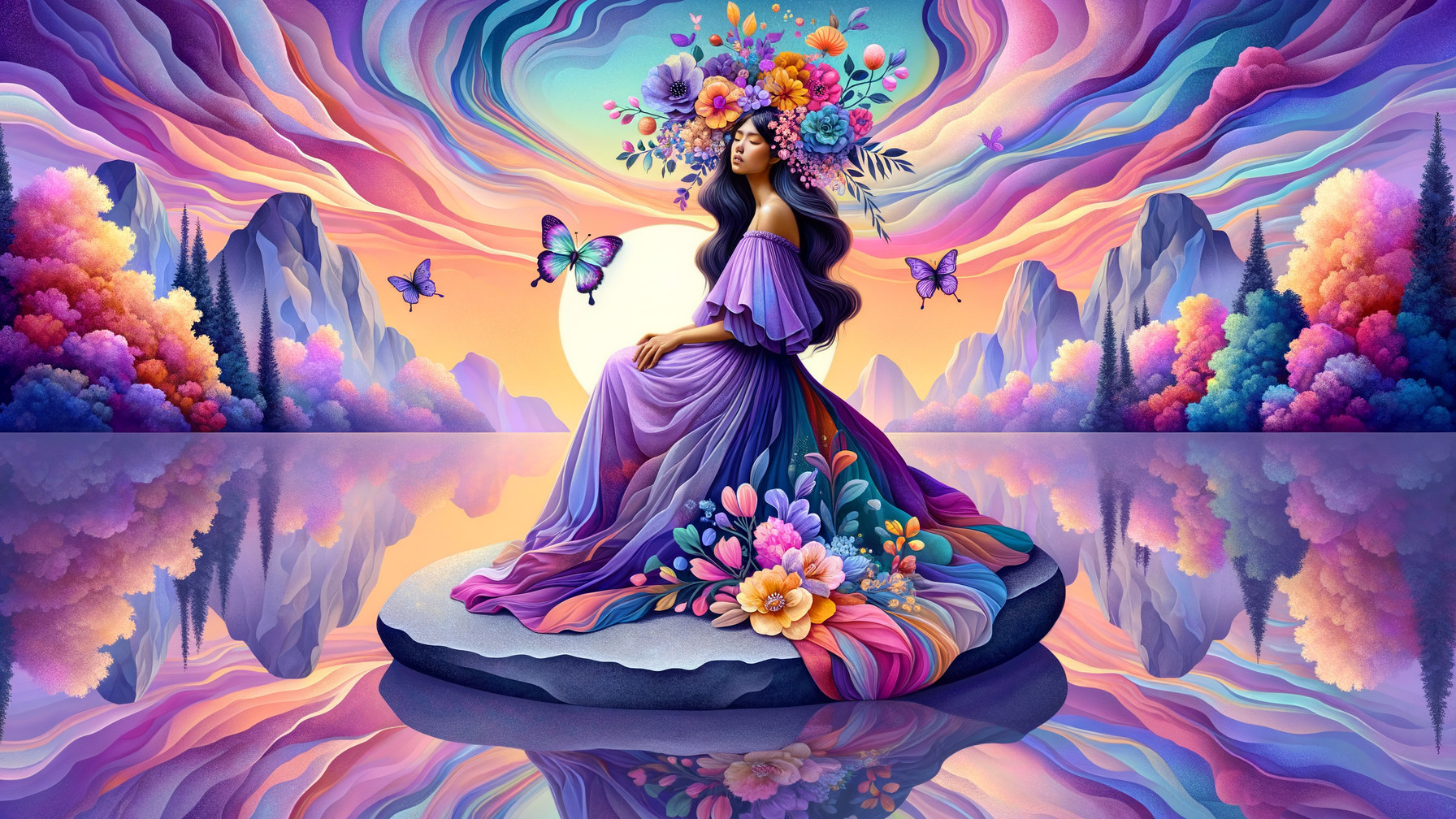 Serene Woman on Stone in Vibrant Sunset Landscape