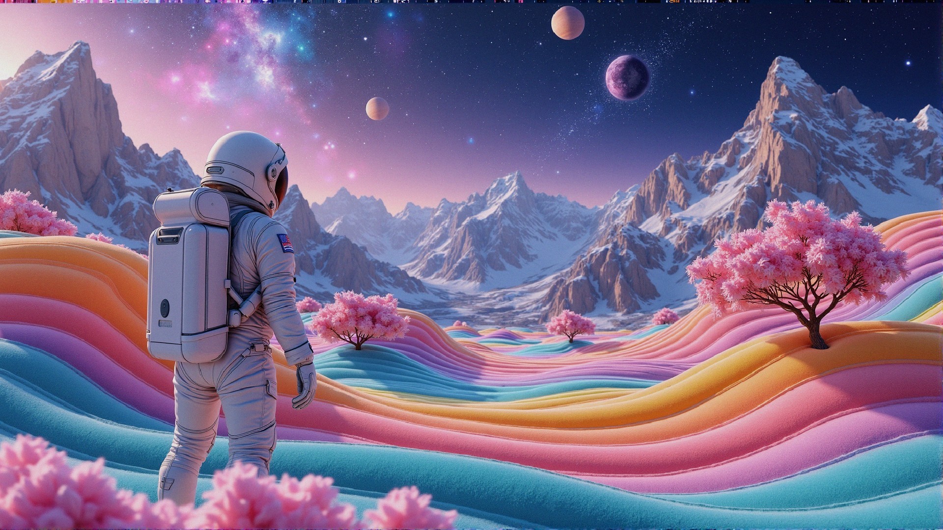 Astronaut in a Surreal Landscape with Vibrant Hills