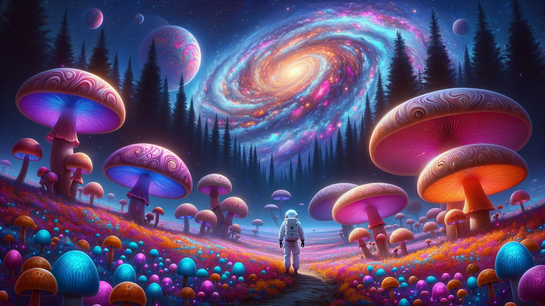 Surreal Landscape with Vibrant Mushrooms and Galaxy