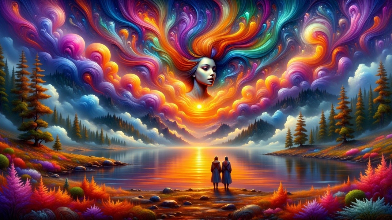 Surreal Landscape with Lake and Mystical Figure