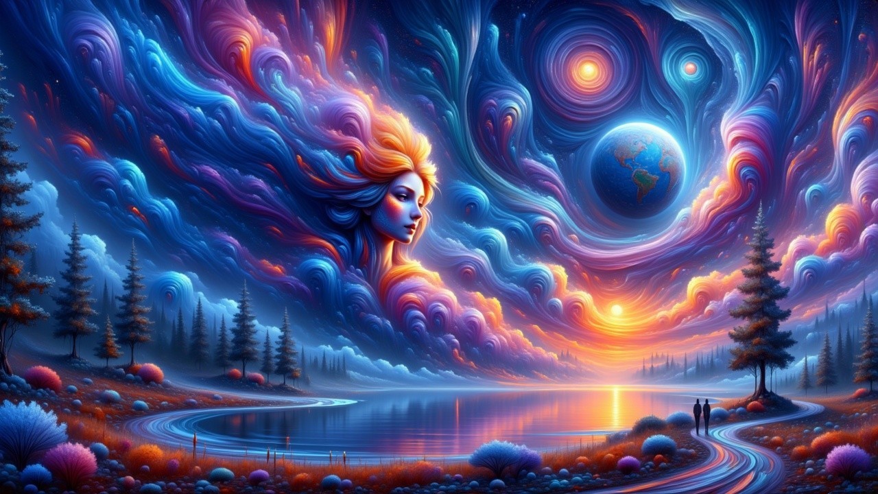 Surreal Landscape with Cosmic Elements and Reflection