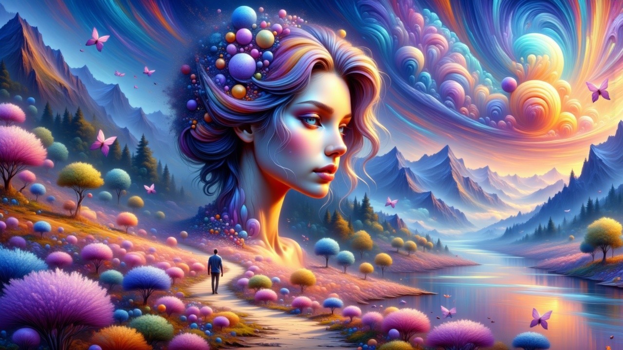 Surreal Landscape with Colorful Orbs and Mountains