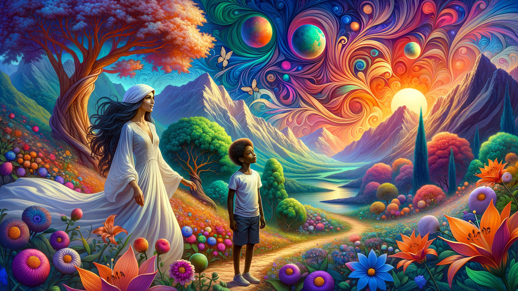 Dreamlike Landscape with Woman and Child at Sunset
