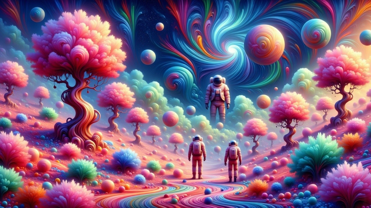 Surreal Landscape with Astronauts and Cosmic Background