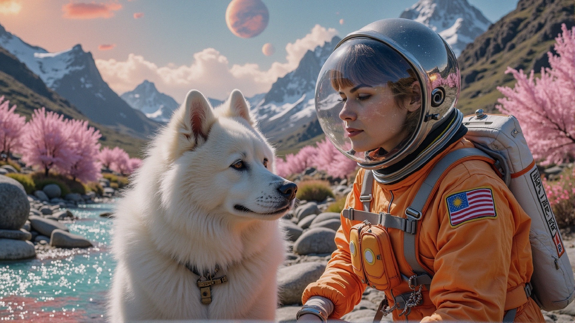 Alien Landscape with Woman, Dog, and Turquoise River