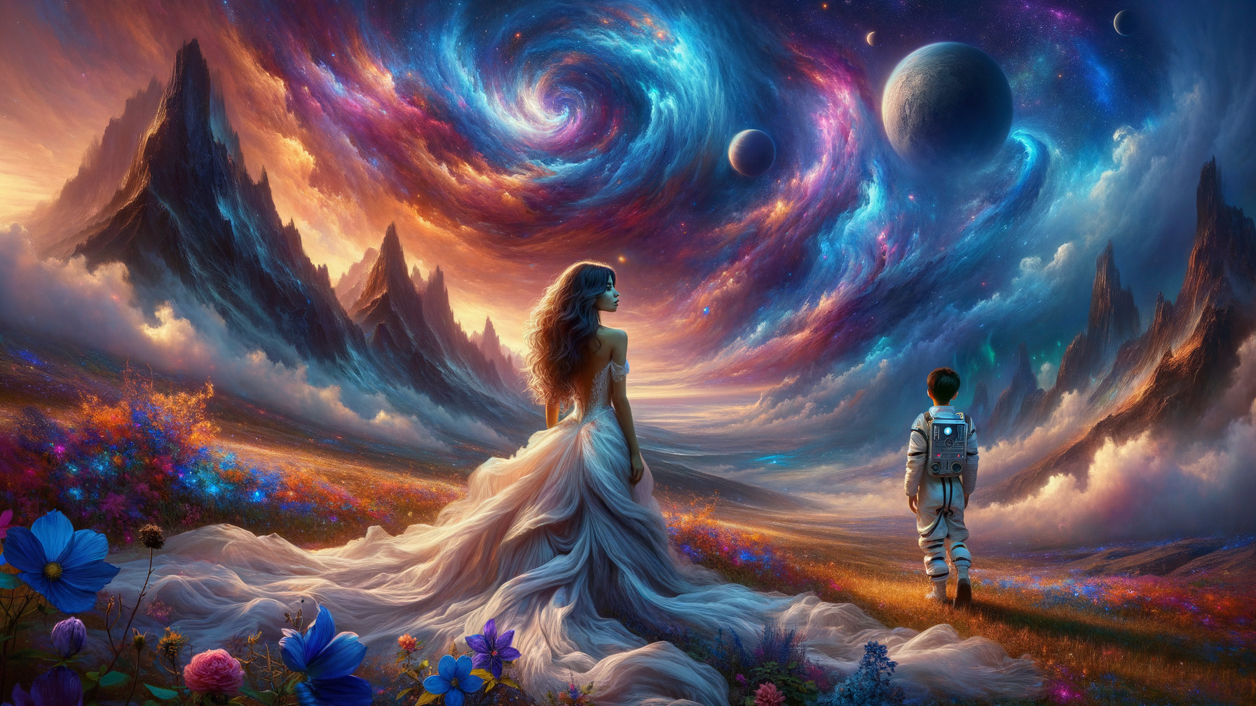 Cosmic Landscape with Mountains and Galaxy Above
